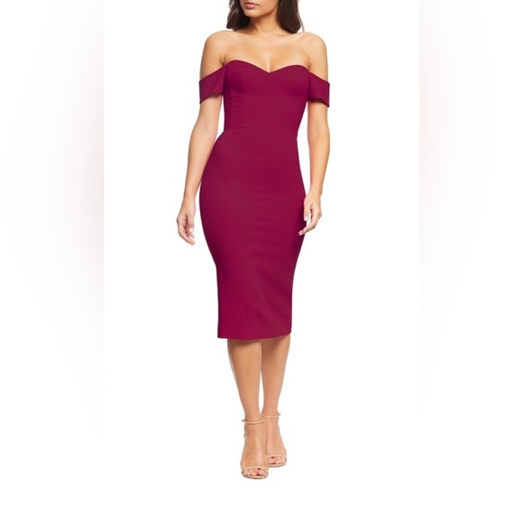 NWT DRESS THE POPULATION Bailey Magenta Wine Off Shoulder Midi Dress Size XS - Picture 2 of 9